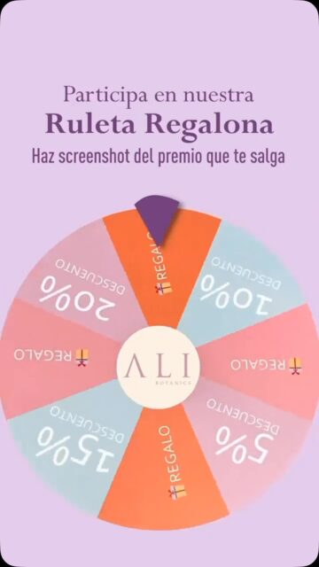 🎡 ¡Ruleta Regalona 💚
¡Este feriado queremos consentirte! ✨
Participa en nuestra Ruleta Regalona y gana descuentos exclusivos o llévate uno de estos increíbles regalos con tu compra.
🎁 Puedes ganar:
✨ Roll On de aceites esenciales
✨ Acondicionador 250 ml
✨ Cosmetiquera
✨ Foot Brush
✨ Lip Balm
✨ Envío gratis
💚 Puedes participar por compras mayores a $35
*Promoción válida hasta el 11 de agosto.
*No aplica promoción sobre promoción.