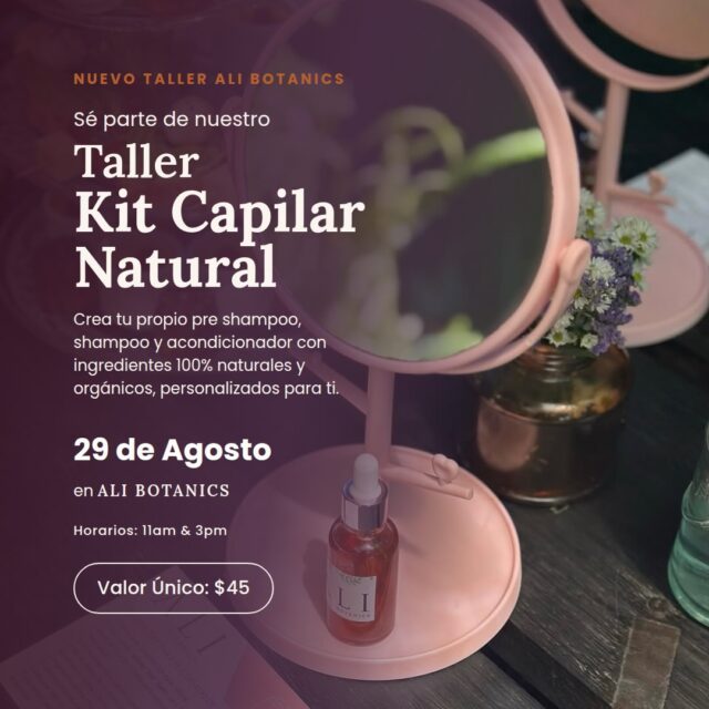 Es nuestro aniversario y queremos festejar con ustedes con algo hermoso que creamos: nuestro nuevo Taller: Kit Capilar Natural 🌿

Vas a crear tu propio kit capilar 100% natural y orgánico, personalizado para ti:

✨ Pre shampoo
✨ Shampoo
✨ Acondicionador

Y eso no es todo… recibirás una masterclass del famoso scalp massage, para que tu cabello crezca más fuerte, mejores tu circulación y relajes mente y cuerpo.

No pueden faltar las mimosas, vitamine water y muchas sorpresas más 💕

📍 Showroom Quito, República del Salvador y Suiza, Edificio Euro, piso 3
📅 29 de agosto
🕚 Horarios: 11am y 3pm
💵 Costo: $45

Cupos limitados — reserva el tuyo ✍🏼

#ALIBotanics #TallerCapilar #CuidadoNatural #ScalpMassage #SelfCare Quito