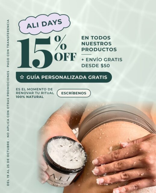 ✨ Llegaron los ALI DAYS ✨

Del 19 al 25 de octubre tienes 15% OFF en todos nuestros productos 🌿

Es el momento de renovar tu ritual con cuidado 100% natural para tu cabello, tu piel y tu cuerpo.

🎁 Además:
✔️ Envío gratis en compras desde $50
✔️ Guía personalizada gratis: te ayudamos a elegir los productos ideales para ti

Escríbenos por WhatsApp o mándanos un DM y armamos juntos tu ritual 💬

Solo 7 días, ¡no te quedes sin el tuyo!

*No aplica con otras promociones. Pago con transferencia.

#AliDays #ALIBotanics #CosmeticaNatural #CosmeticaNaturalEcuador #CuidadoNatural RitualNatural SkincareNatural Quito Ecuador
